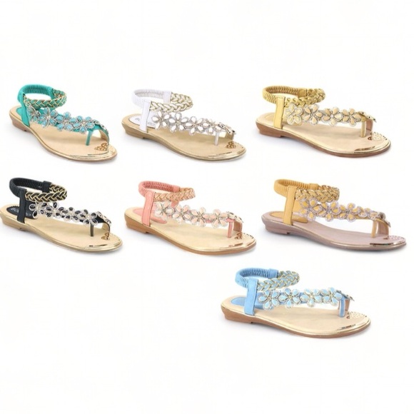 New Color! Italina Blue Floral Rhinestone Embellished Toe Ring Sandal - Picture 2 of 10